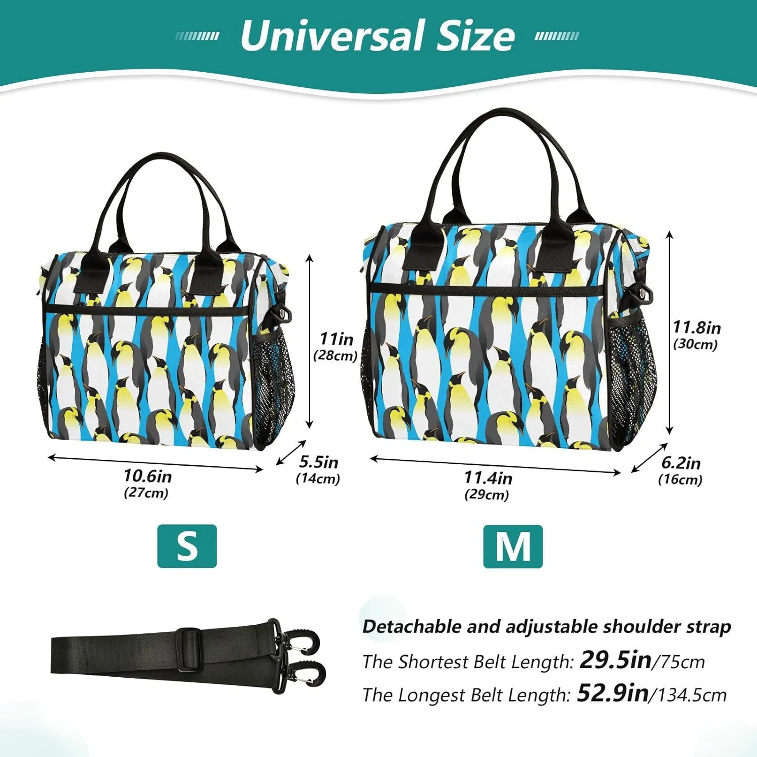 Vdsrup Emperor Penguins Lunch Bag for Men Women Lunch Box Tote for Work, Blue Animal Lunchbox Cooler for Kids with Shoulder Strap & Side Pocket for Picnic Hiking Outdoor M