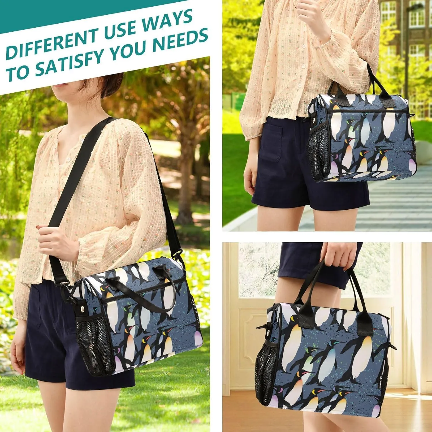 Vdsrup Penguins Flock Lunch Bag for Men Women Lunch Box Tote for Work, Cute Lunchbox Cooler for Kids with Shoulder Strap & Side Pocket for Picnic Hiking Outdoor M