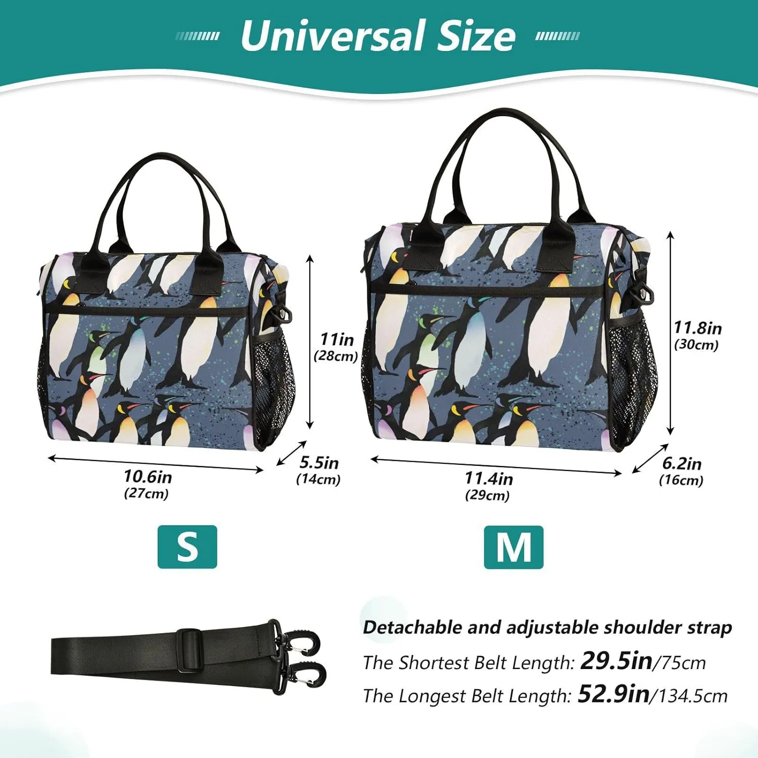 Vdsrup Penguins Flock Lunch Bag for Men Women Lunch Box Tote for Work, Cute Lunchbox Cooler for Kids with Shoulder Strap & Side Pocket for Picnic Hiking Outdoor M