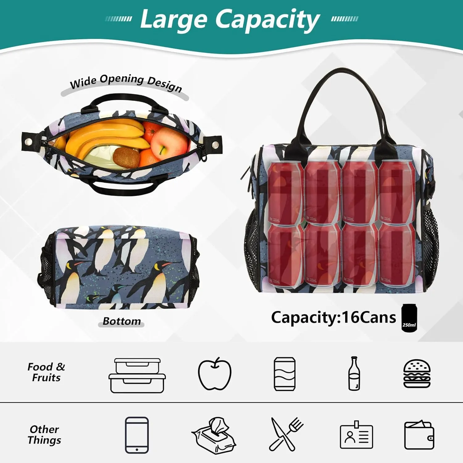Vdsrup Penguins Flock Lunch Bag for Men Women Lunch Box Tote for Work, Cute Lunchbox Cooler for Kids with Shoulder Strap & Side Pocket for Picnic Hiking Outdoor M