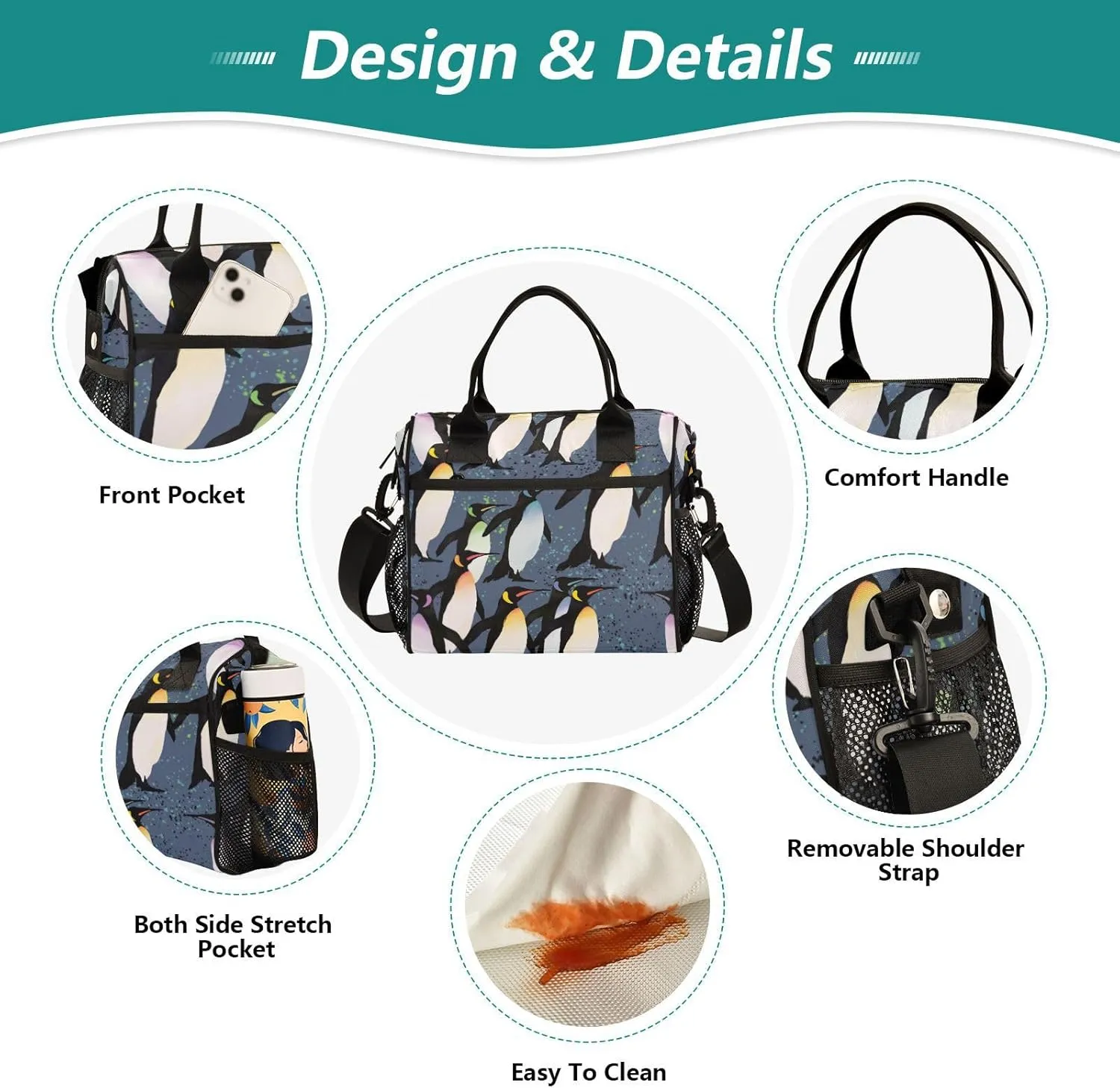 Vdsrup Penguins Flock Lunch Bag for Men Women Lunch Box Tote for Work, Cute Lunchbox Cooler for Kids with Shoulder Strap & Side Pocket for Picnic Hiking Outdoor M