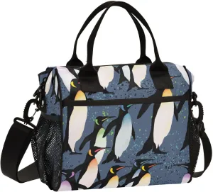 Vdsrup Penguins Flock Lunch Bag for Men Women Lunch Box Tote for Work, Cute Lunchbox Cooler for Kids with Shoulder Strap & Side Pocket for Picnic Hiking Outdoor M