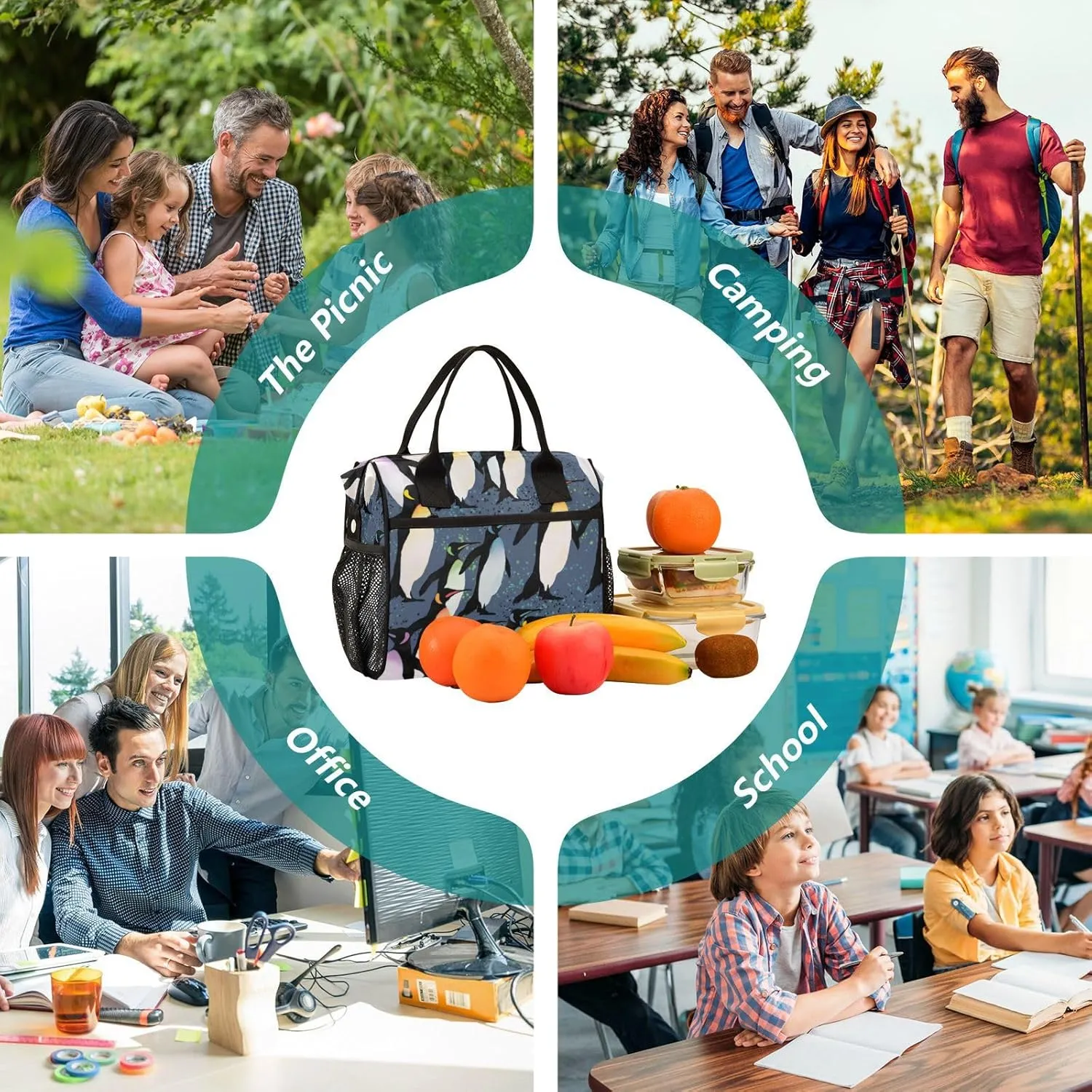 Vdsrup Penguins Flock Lunch Bag for Men Women Lunch Box Tote for Work, Cute Lunchbox Cooler for Kids with Shoulder Strap & Side Pocket for Picnic Hiking Outdoor M
