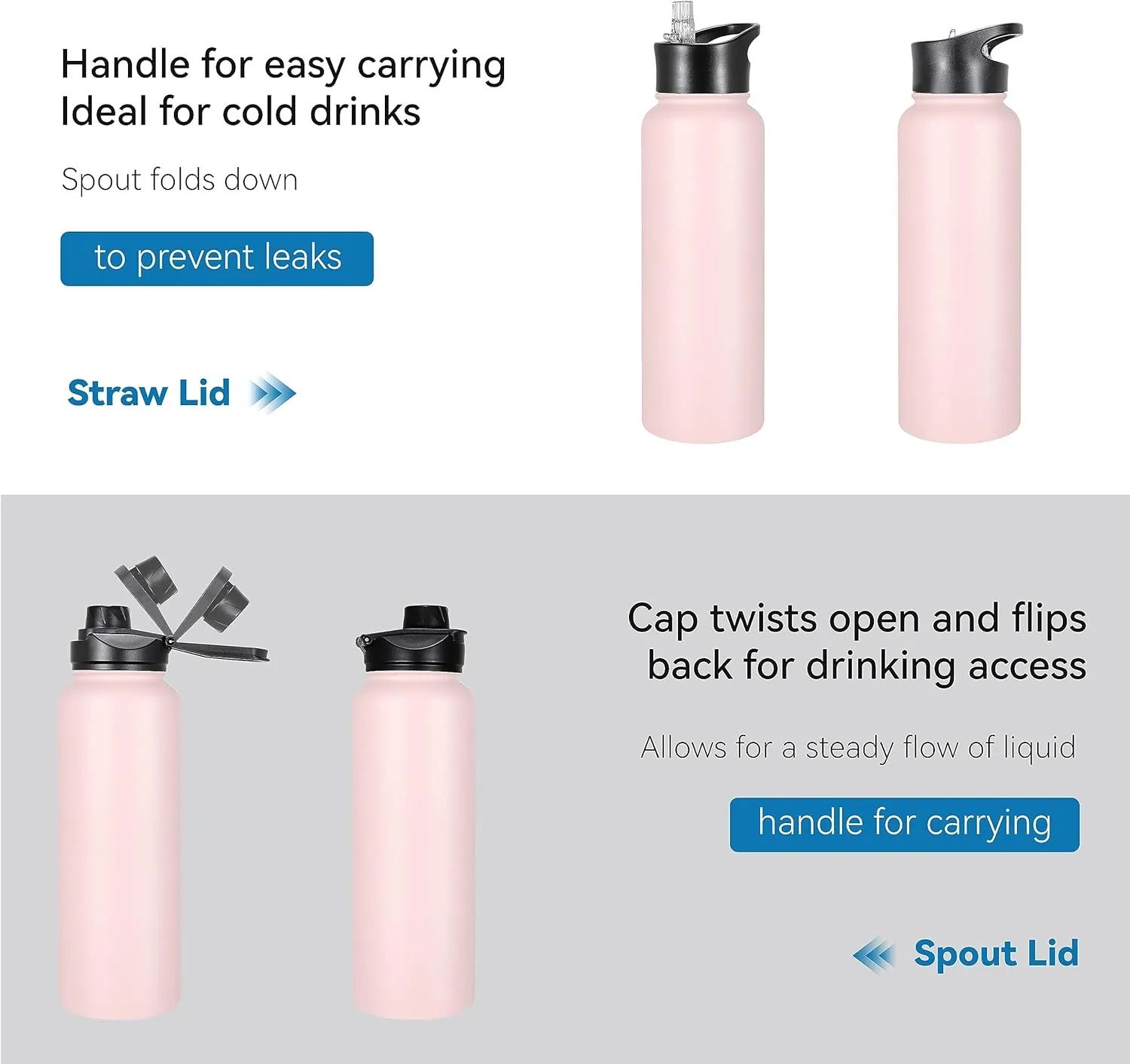 VEGOND 40 oz Insulated Water Bottle Bulk Stainless Steel Metal Water Bottles with Leak Proof Straw Lid & Spout Lid, Wide Mouth Double Walled Vacuum Travel Sports Bottle, 4 Pack