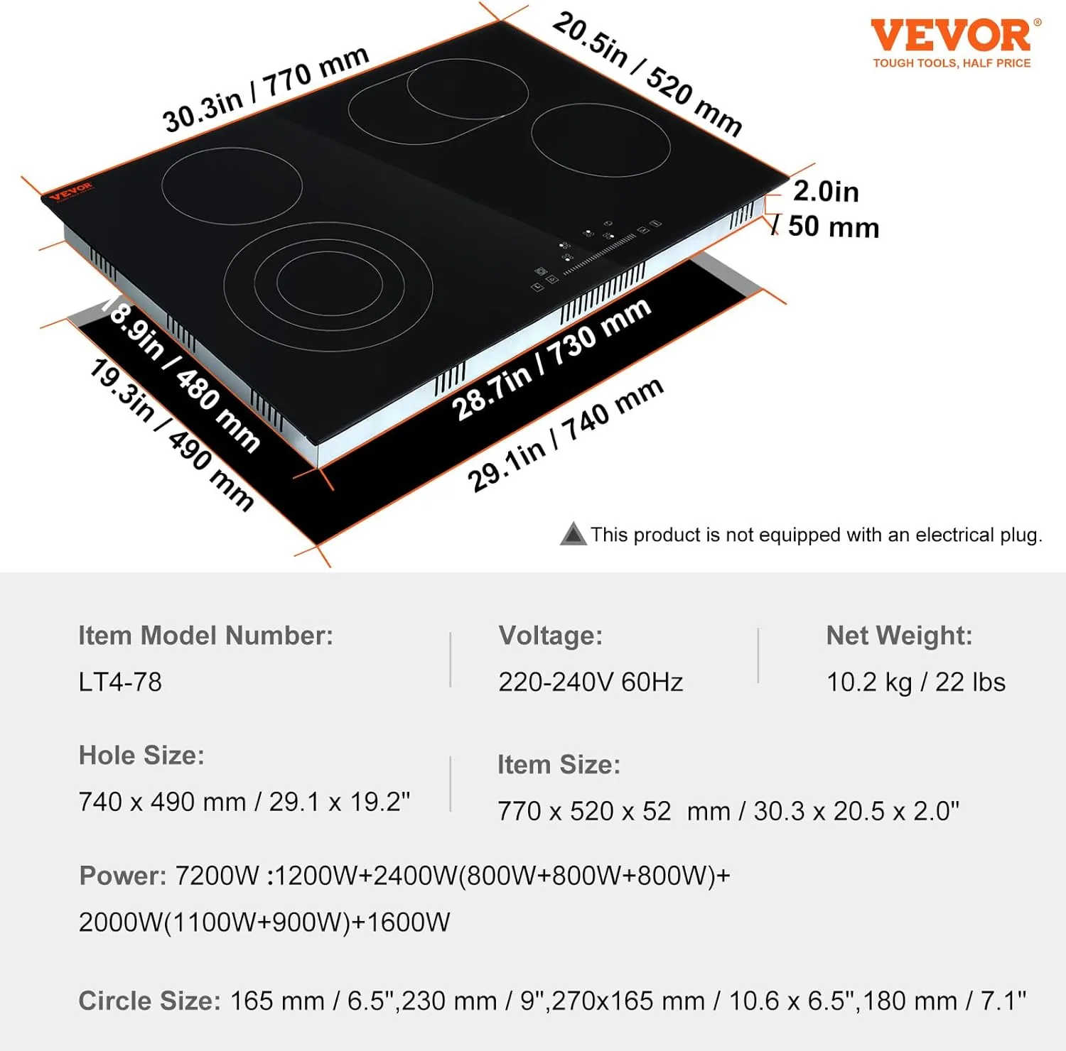 VEVOR Built in Electric Stove Top, 30 inch 4 Burners, 240V Glass Radiant Cooktop with Sensor Touch Control, Timer & Child Lock Included, 9 Power Levels for Simmer Steam Slow Cook Fry