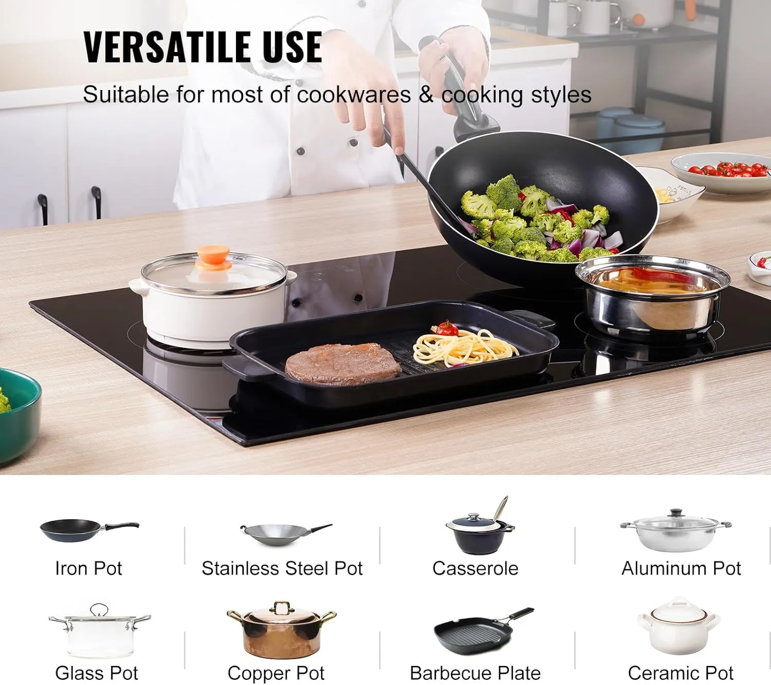VEVOR Built in Electric Stove Top, 30 inch 4 Burners, 240V Glass Radiant Cooktop with Sensor Touch Control, Timer & Child Lock Included, 9 Power Levels for Simmer Steam Slow Cook Fry