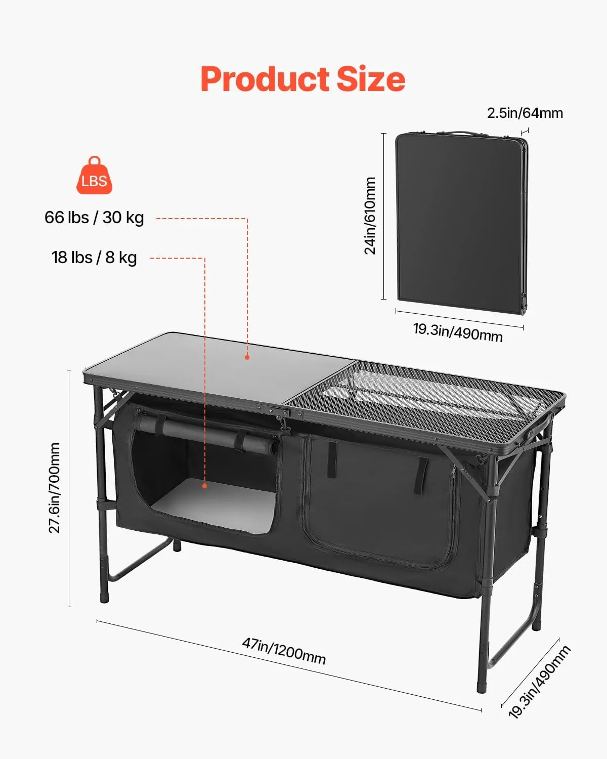 VEVOR Camping Kitchen Table, Folding Outdoor Cooking Table, 3 Adjustable Heights, Aluminum Lightweight Portable Cook Station with Storage Organizer, Carry Handle, for BBQ Party Picnic RV Travel, Black