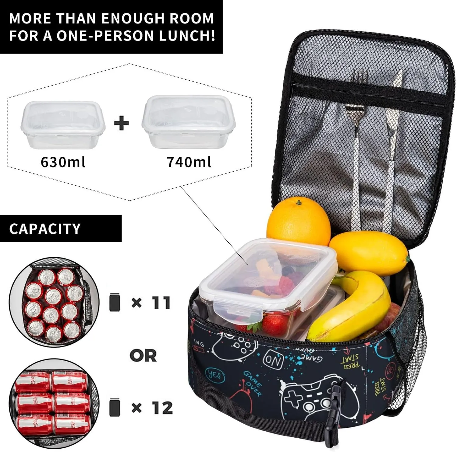 Video Game Controller Reusable Lunch Box Food Bag Insulated Lunch Bag for Teenage Boys Girls School Beach