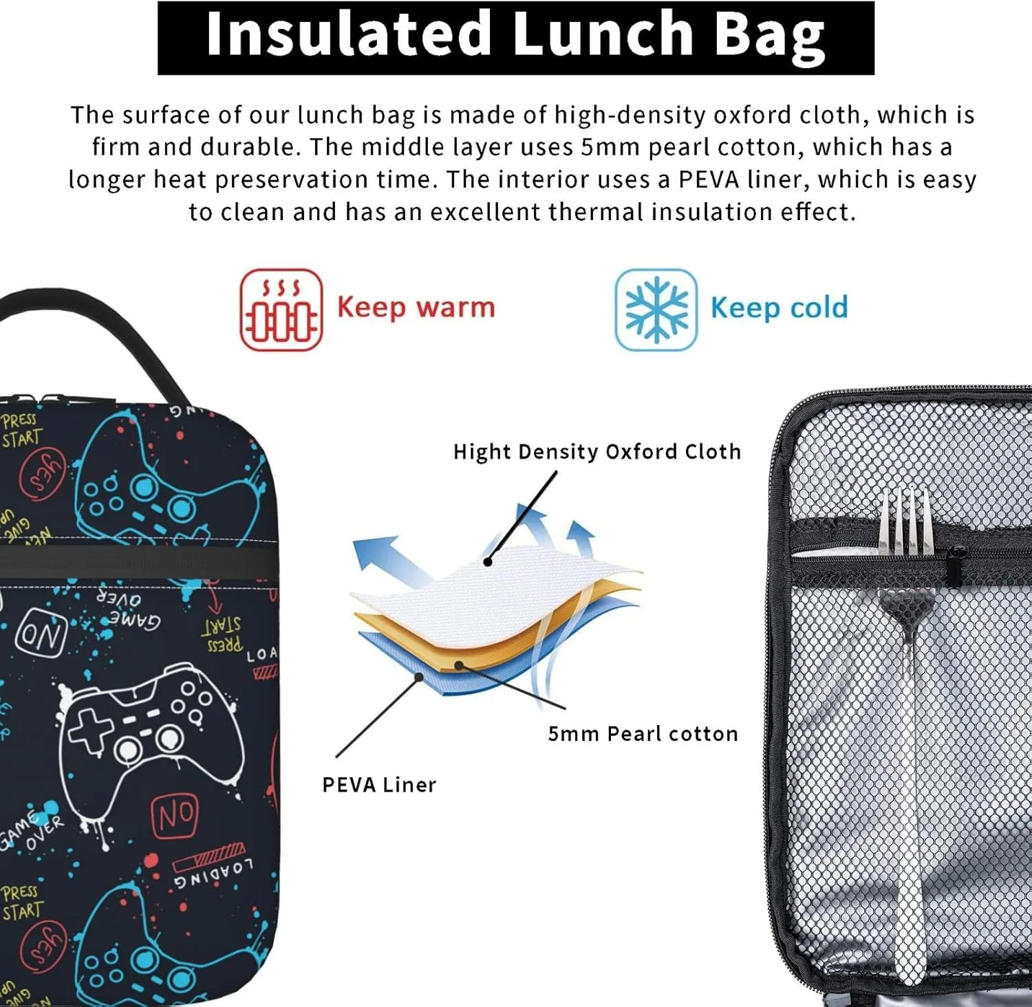 Video Game Controller Reusable Lunch Box Food Bag Insulated Lunch Bag for Teenage Boys Girls School Beach