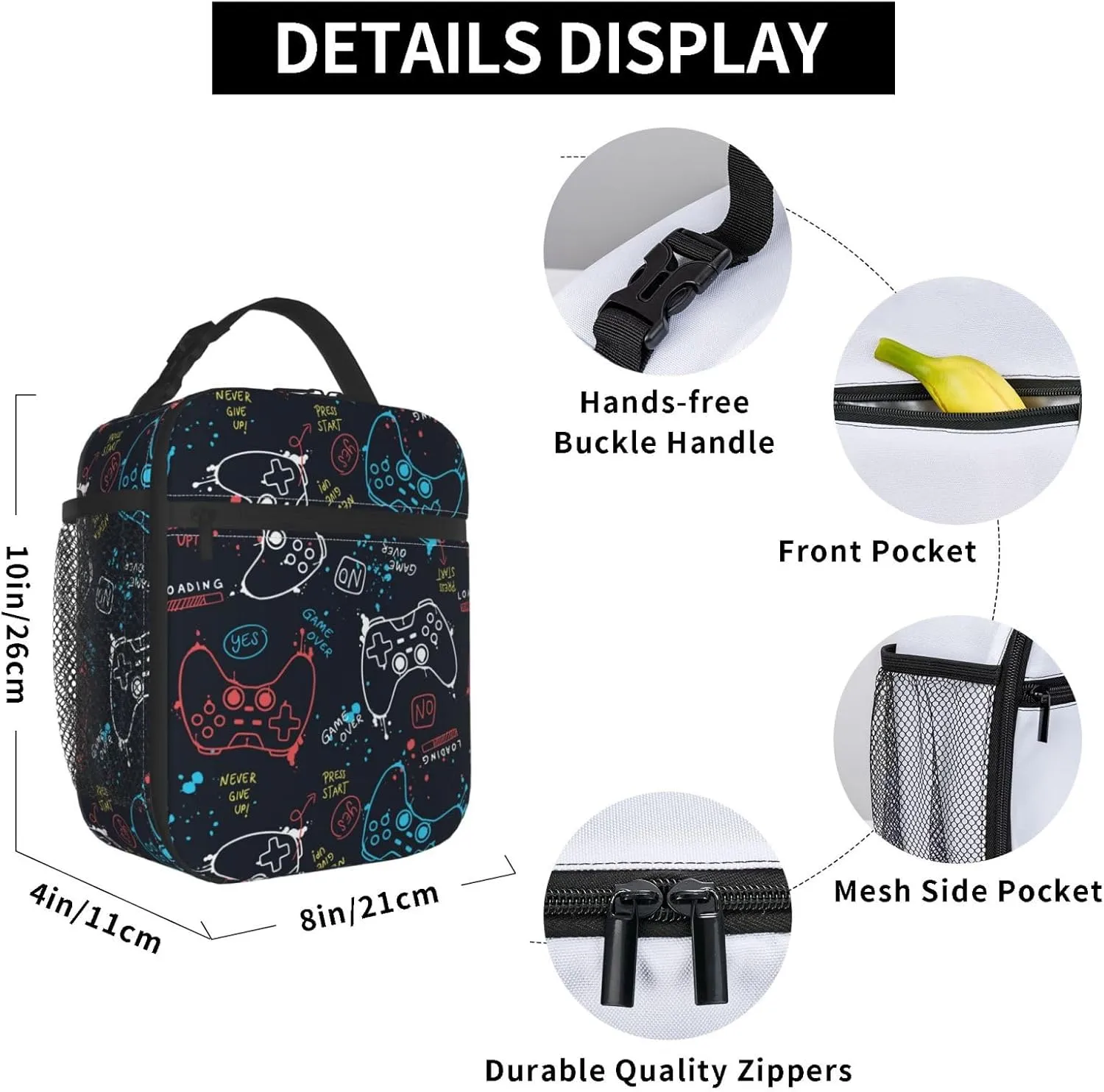 Video Game Controller Reusable Lunch Box Food Bag Insulated Lunch Bag for Teenage Boys Girls School Beach