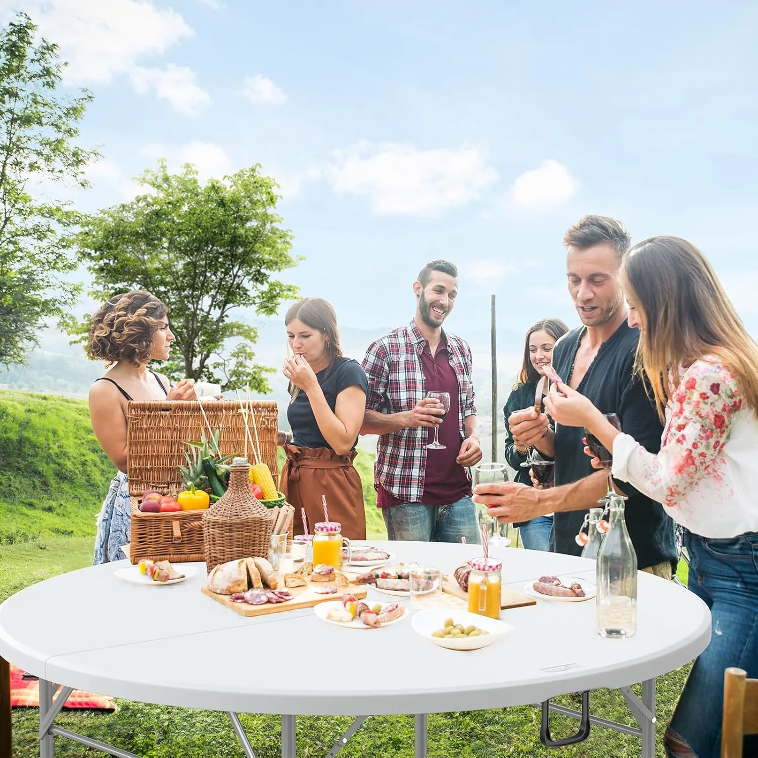VINGLI 48" Round Bi-Folding Commercial Table, 4 Feet Portable Plastic Dining Card Table for Kitchen or Outdoor Party Wedding Event, 5-Pack
