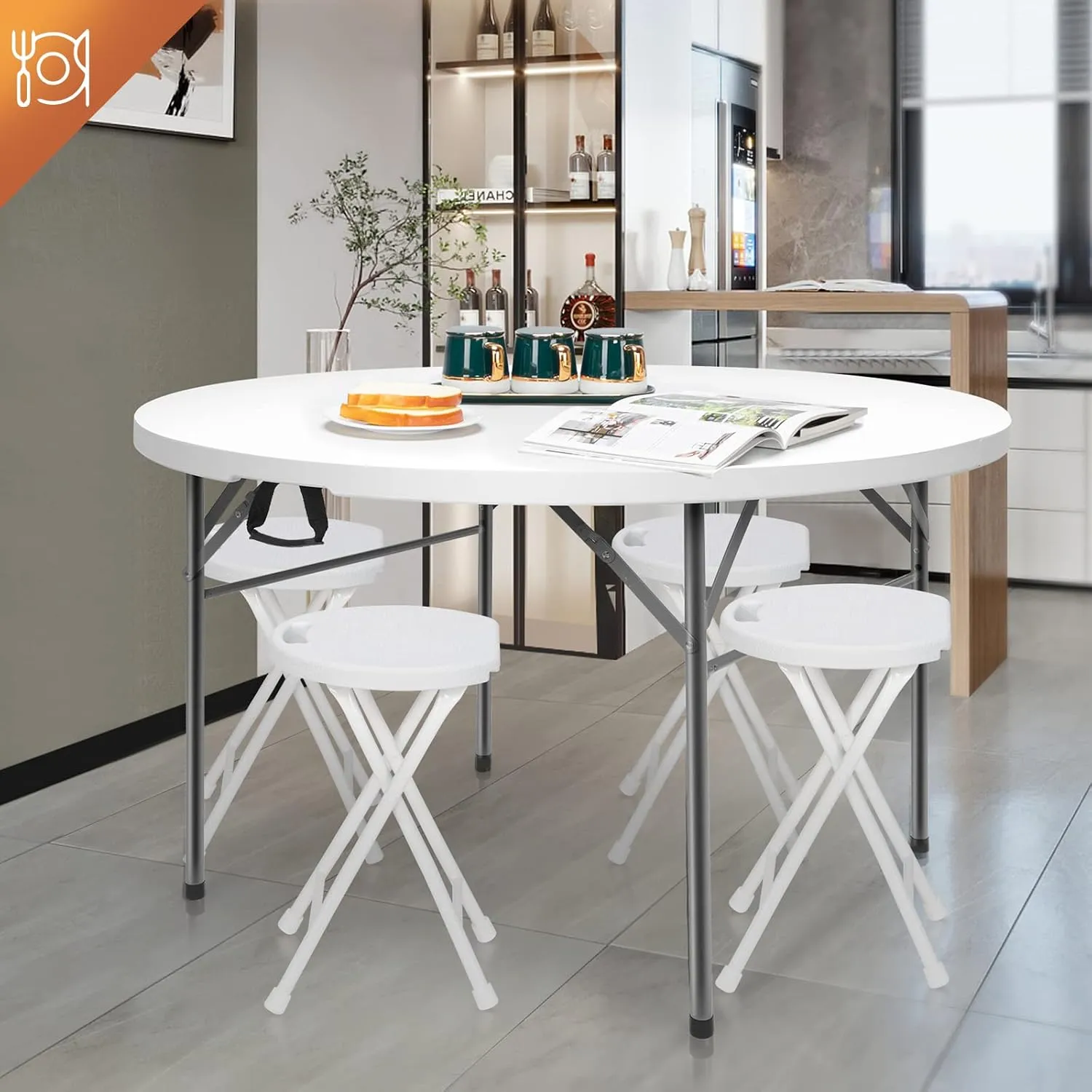 VINGLI 48" Round Bi-Folding Commercial Table, 4 Feet Portable Plastic Dining Card Table for Kitchen or Outdoor Party Wedding Event, 5-Pack