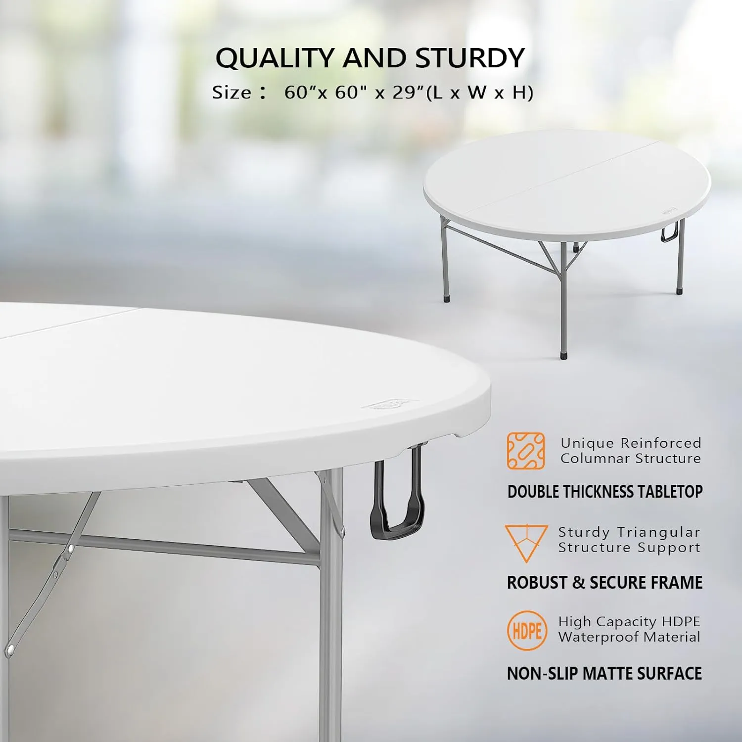 VINGLI 48" Round Bi-Folding Commercial Table, 4 Feet Portable Plastic Dining Card Table for Kitchen or Outdoor Party Wedding Event, 5-Pack