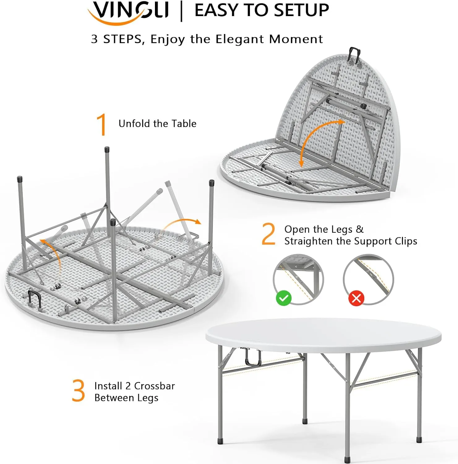 VINGLI 48" Round Bi-Folding Commercial Table, 4 Feet Portable Plastic Dining Card Table for Kitchen or Outdoor Party Wedding Event, 5-Pack