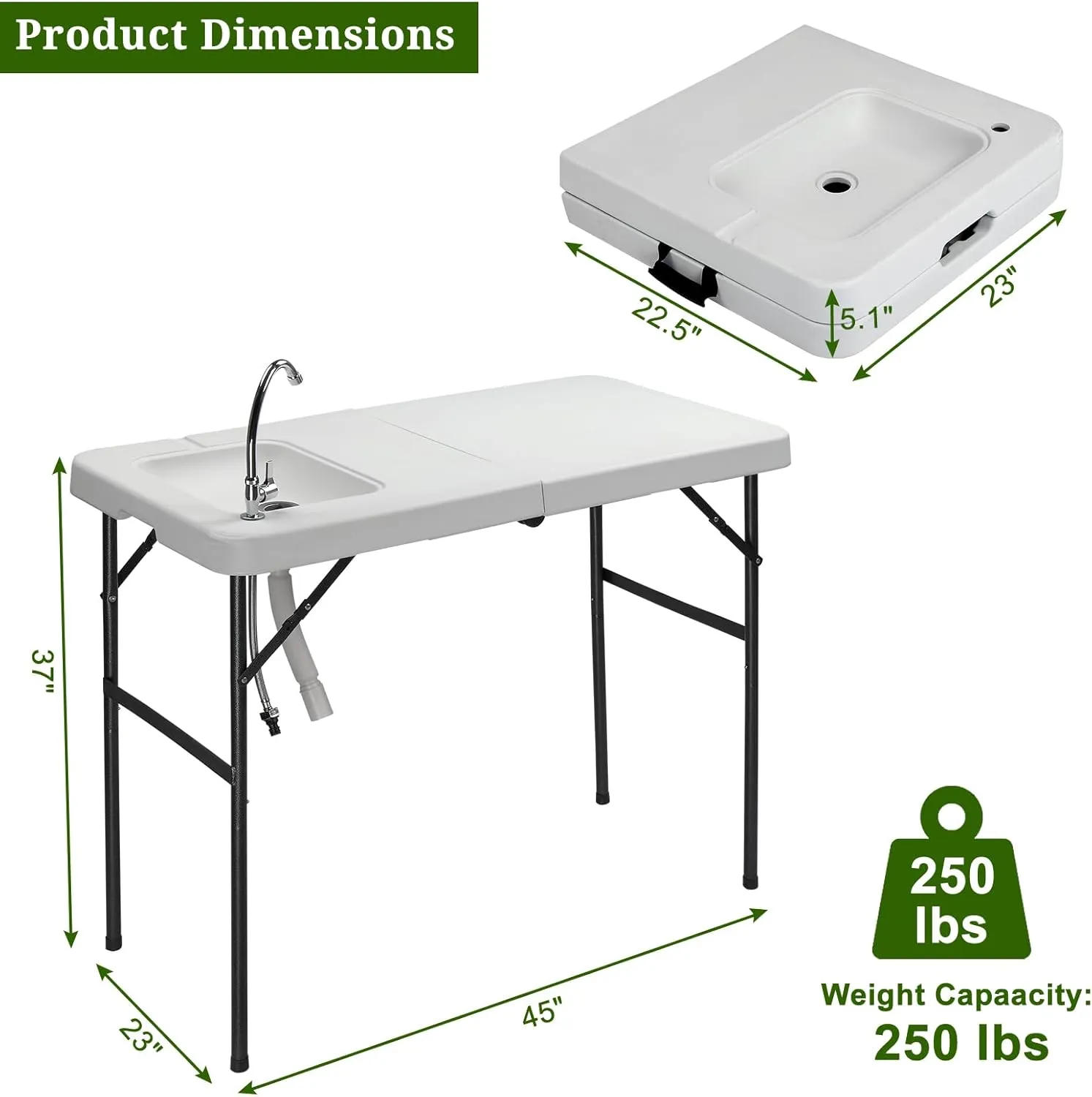 VINGLI Fold in Half Folding Fish Cleaning Table with Sink, Bi-Folding Outdoor Portable Camping Game Sink Table,Fish Fillet Cutting Table with Drainage Hose for Patio Backyard BBQ