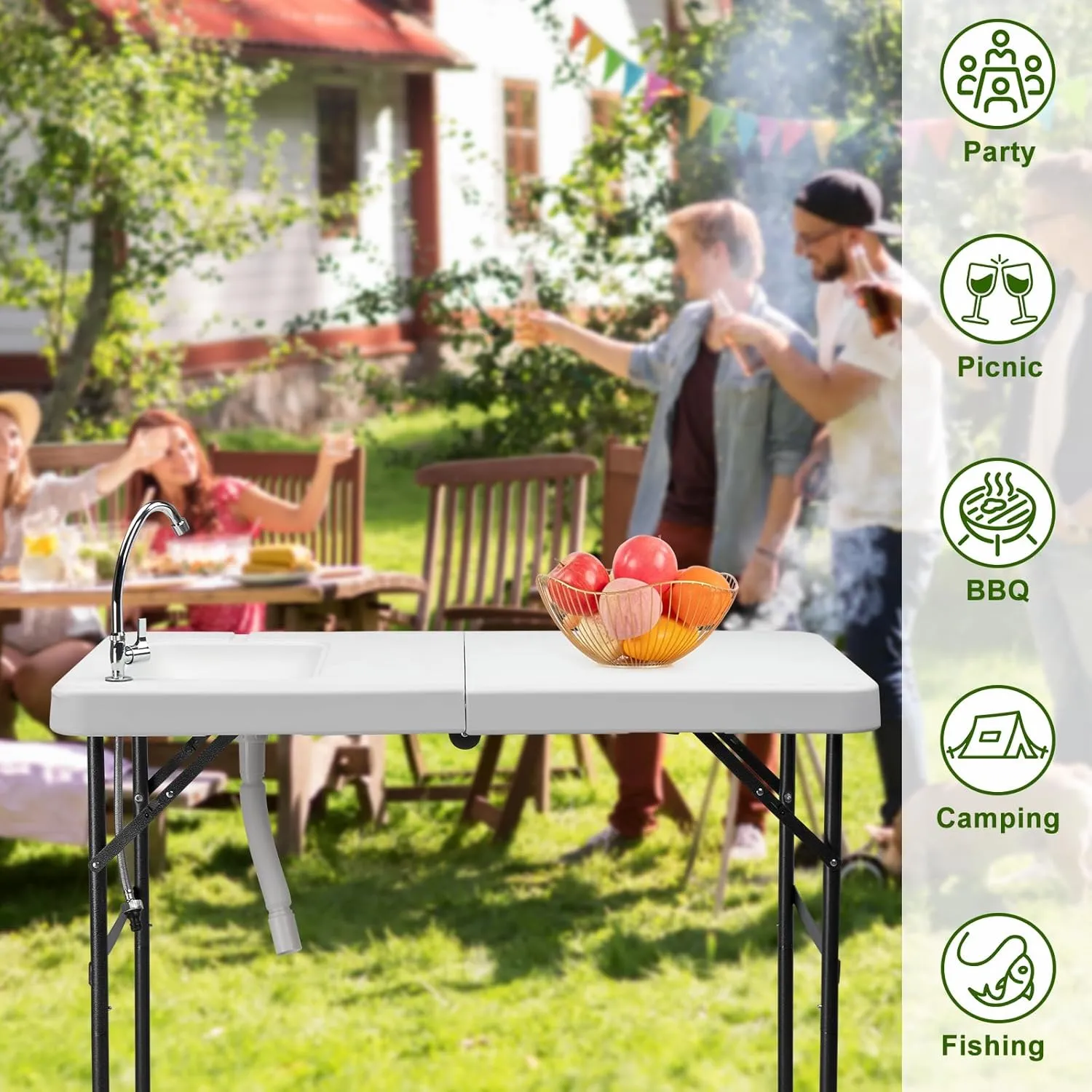 VINGLI Fold in Half Folding Fish Cleaning Table with Sink, Bi-Folding Outdoor Portable Camping Game Sink Table,Fish Fillet Cutting Table with Drainage Hose for Patio Backyard BBQ