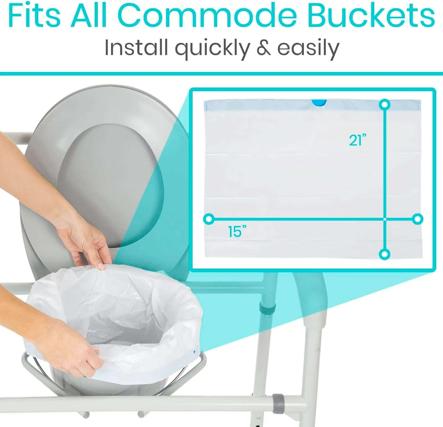 Vive Commode Liners for Bedside Toilet Chair Bucket, Bedpan (100 Pack) - Caregiver Supplies for Potty Portable Toilet Bowl - Disposable Medical Adults Supplies Seat Covers Chair - Universal Size (100)