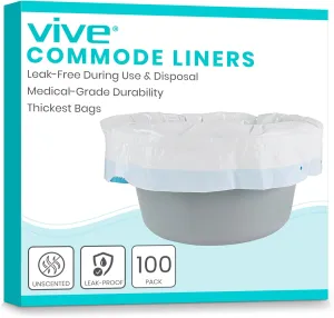 Vive Commode Liners for Bedside Toilet Chair Bucket, Bedpan (100 Pack) - Caregiver Supplies for Potty Portable Toilet Bowl - Disposable Medical Adults Supplies Seat Covers Chair - Universal Size (100)