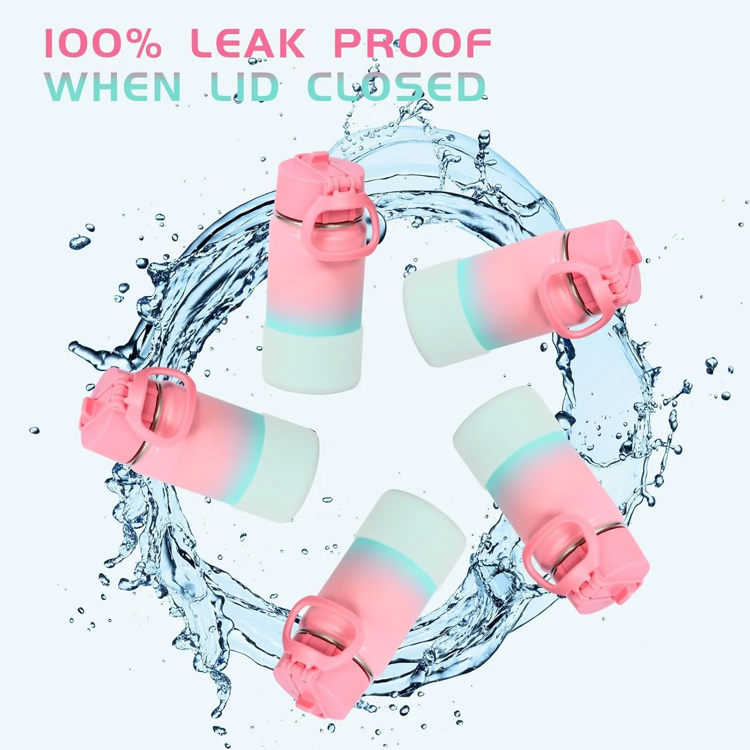 Volhoply 14oz KIds Water Bottle with Straw Lid and Silicone Boot Bulk 6 Pack,Stainless Steel Insulated Cups for Boys & Girls Multipack,Double Wall Vacuum Leakproof Bottles(Pink Green,6)