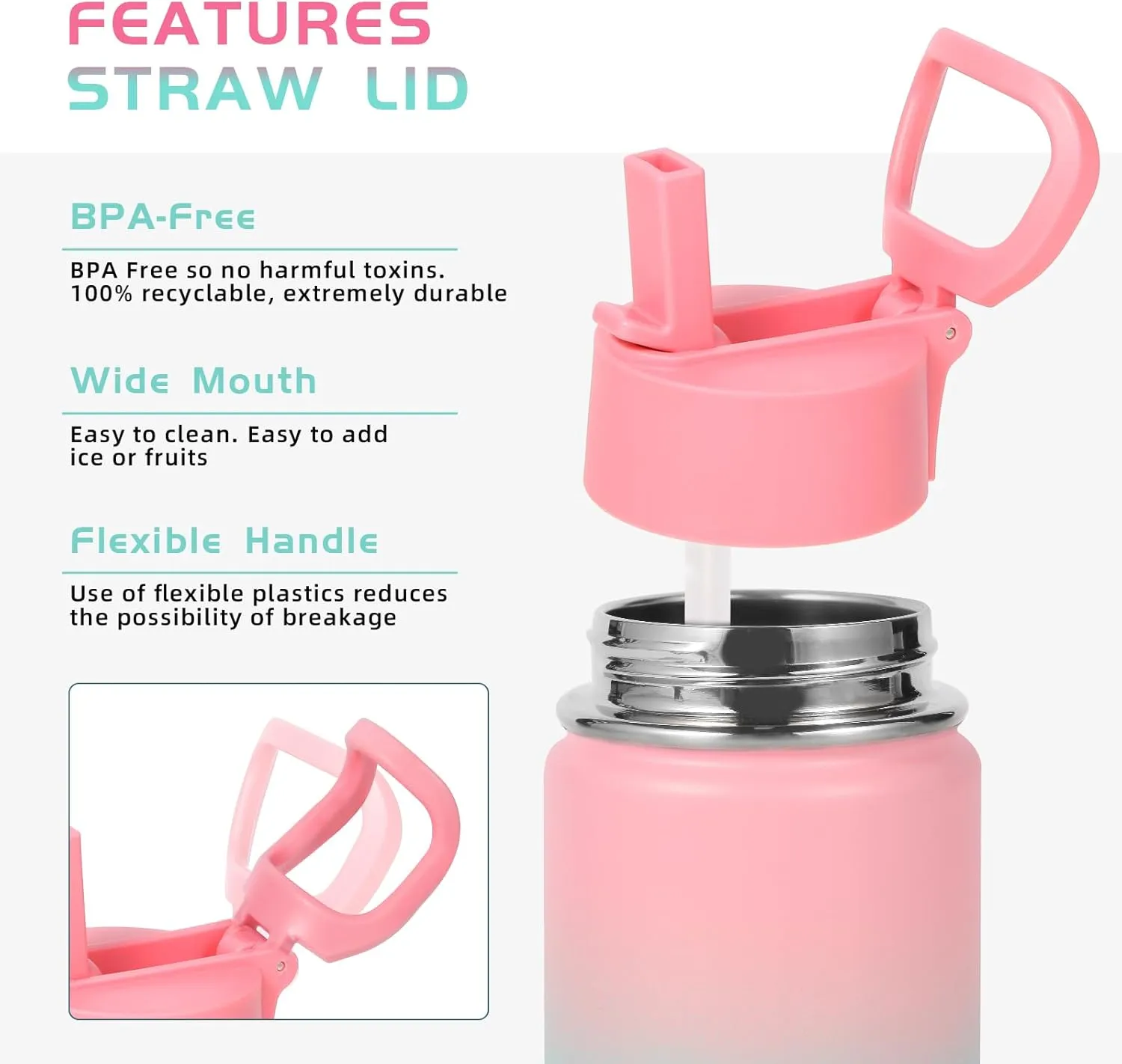 Volhoply 14oz KIds Water Bottle with Straw Lid and Silicone Boot Bulk 6 Pack,Stainless Steel Insulated Cups for Boys & Girls Multipack,Double Wall Vacuum Leakproof Bottles(Pink Green,6)