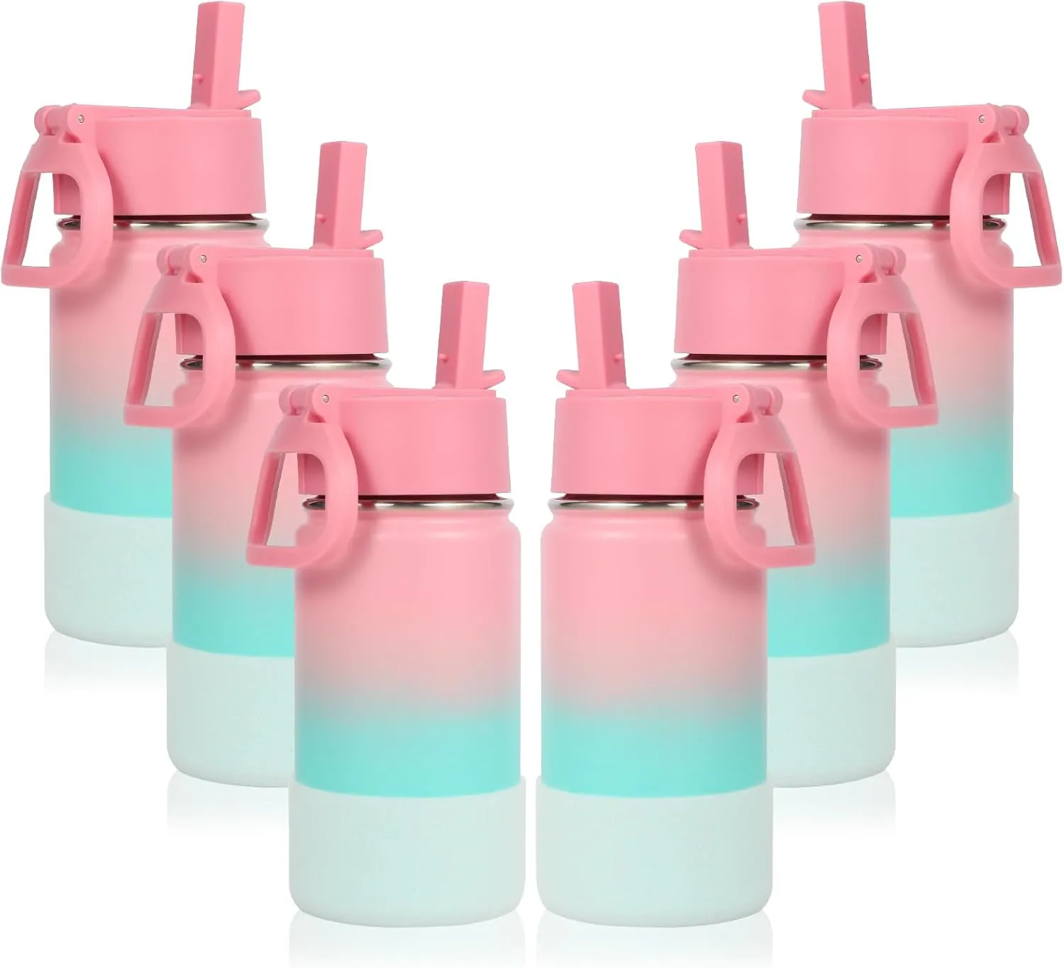 Volhoply 14oz KIds Water Bottle with Straw Lid and Silicone Boot Bulk 6 Pack,Stainless Steel Insulated Cups for Boys & Girls Multipack,Double Wall Vacuum Leakproof Bottles(Pink Green,6)
