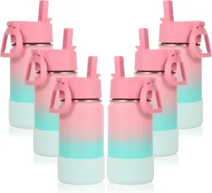 Volhoply 14oz KIds Water Bottle with Straw Lid and Silicone Boot Bulk 6 Pack,Stainless Steel Insulated Cups for Boys & Girls Multipack,Double Wall Vacuum Leakproof Bottles(Pink Green,6)