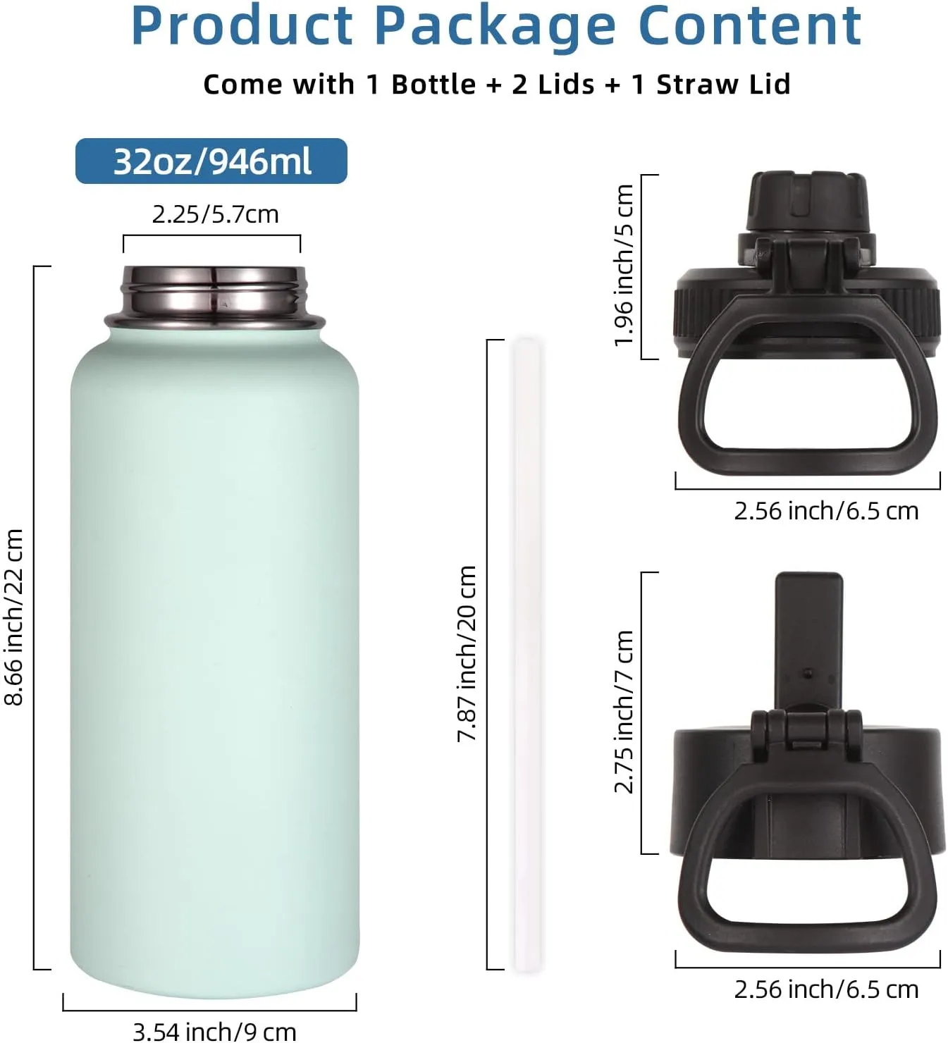 Volhoply 32 oz Insulated Water Bottles Bulk 2 Pack with Straw Lid & Spout Lid,Stainless Steel Sports Water Bottle,Double Wall Vacuum Cups,Leakproof Wide Mouth Metal Flask for Hiking,Camping(Fog,2)