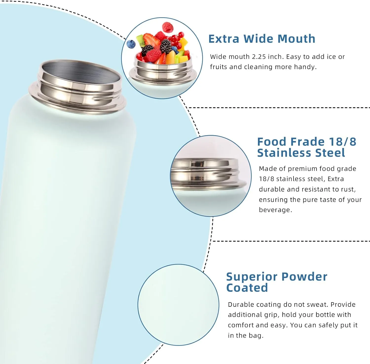 Volhoply 32 oz Insulated Water Bottles Bulk 2 Pack with Straw Lid & Spout Lid,Stainless Steel Sports Water Bottle,Double Wall Vacuum Cups,Leakproof Wide Mouth Metal Flask for Hiking,Camping(Fog,2)