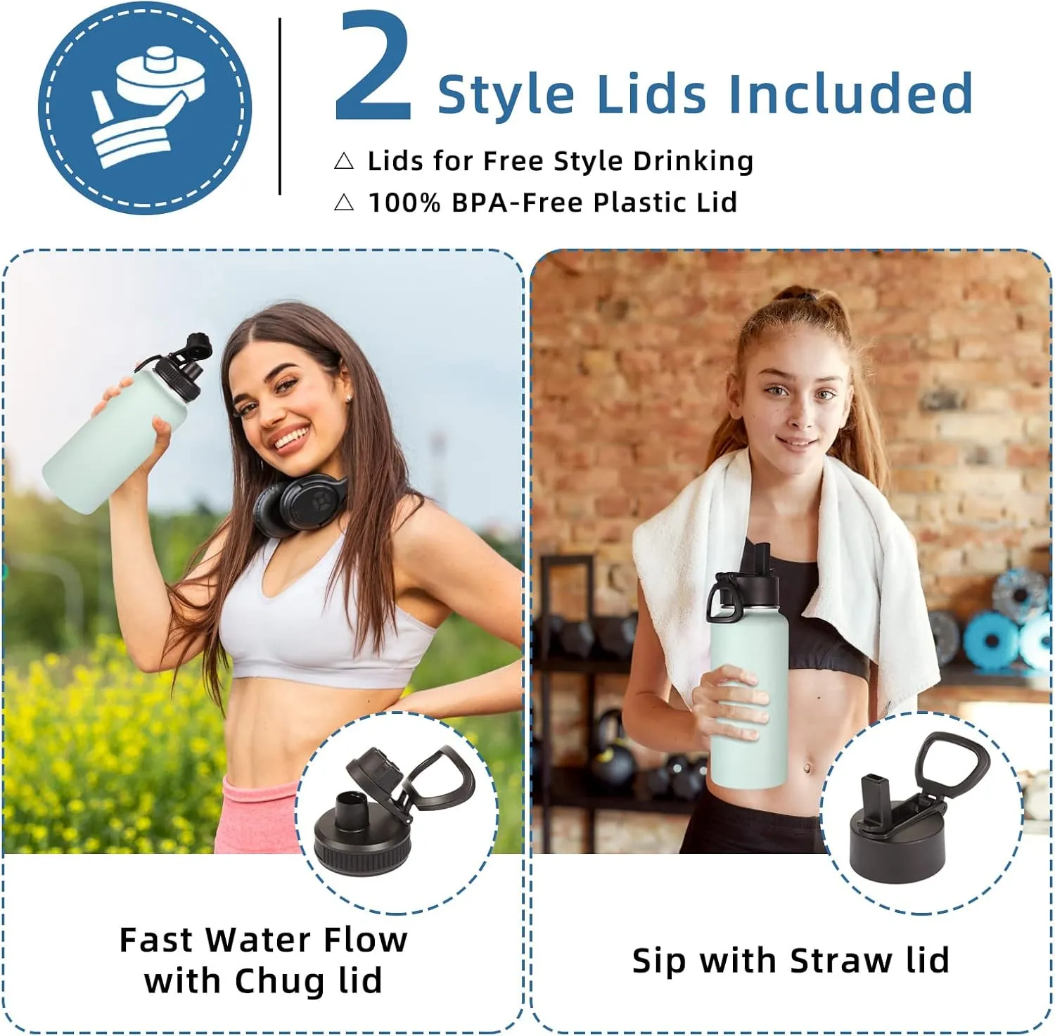 Volhoply 32 oz Insulated Water Bottles Bulk 2 Pack with Straw Lid & Spout Lid,Stainless Steel Sports Water Bottle,Double Wall Vacuum Cups,Leakproof Wide Mouth Metal Flask for Hiking,Camping(Fog,2)