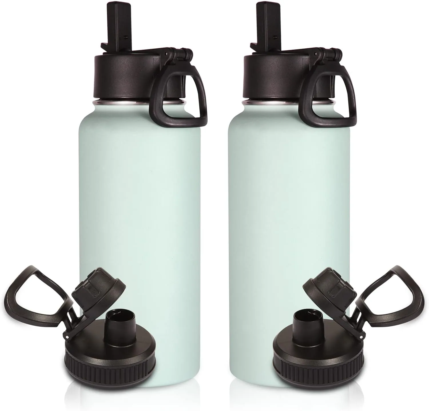 Volhoply 32 oz Insulated Water Bottles Bulk 2 Pack with Straw Lid & Spout Lid,Stainless Steel Sports Water Bottle,Double Wall Vacuum Cups,Leakproof Wide Mouth Metal Flask for Hiking,Camping(Fog,2)
