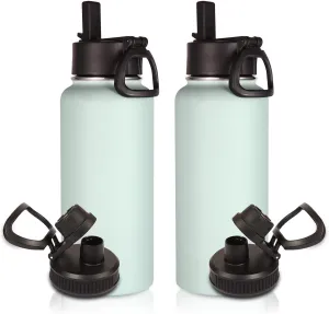 Volhoply 32 oz Insulated Water Bottles Bulk 2 Pack with Straw Lid & Spout Lid,Stainless Steel Sports Water Bottle,Double Wall Vacuum Cups,Leakproof Wide Mouth Metal Flask for Hiking,Camping(Fog,2)