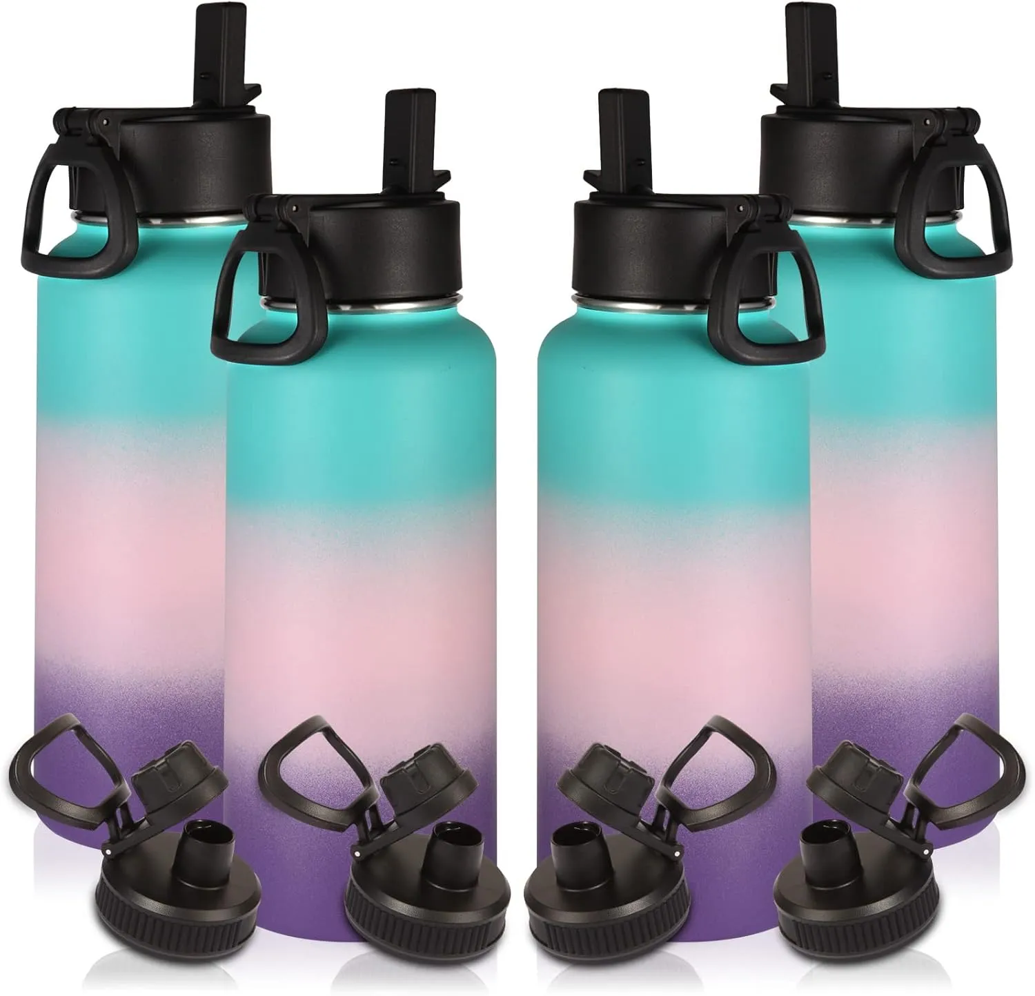 Volhoply 32oz Insulated Water Bottles Bulk 4 Pack with Straw Lid&Spout Lid,Stainless Steel Sports Water Bottle,Double Wall Vacuum Cups,Leakproof Wide Mouth Metal Flask for Travel(Gradient Color,4)