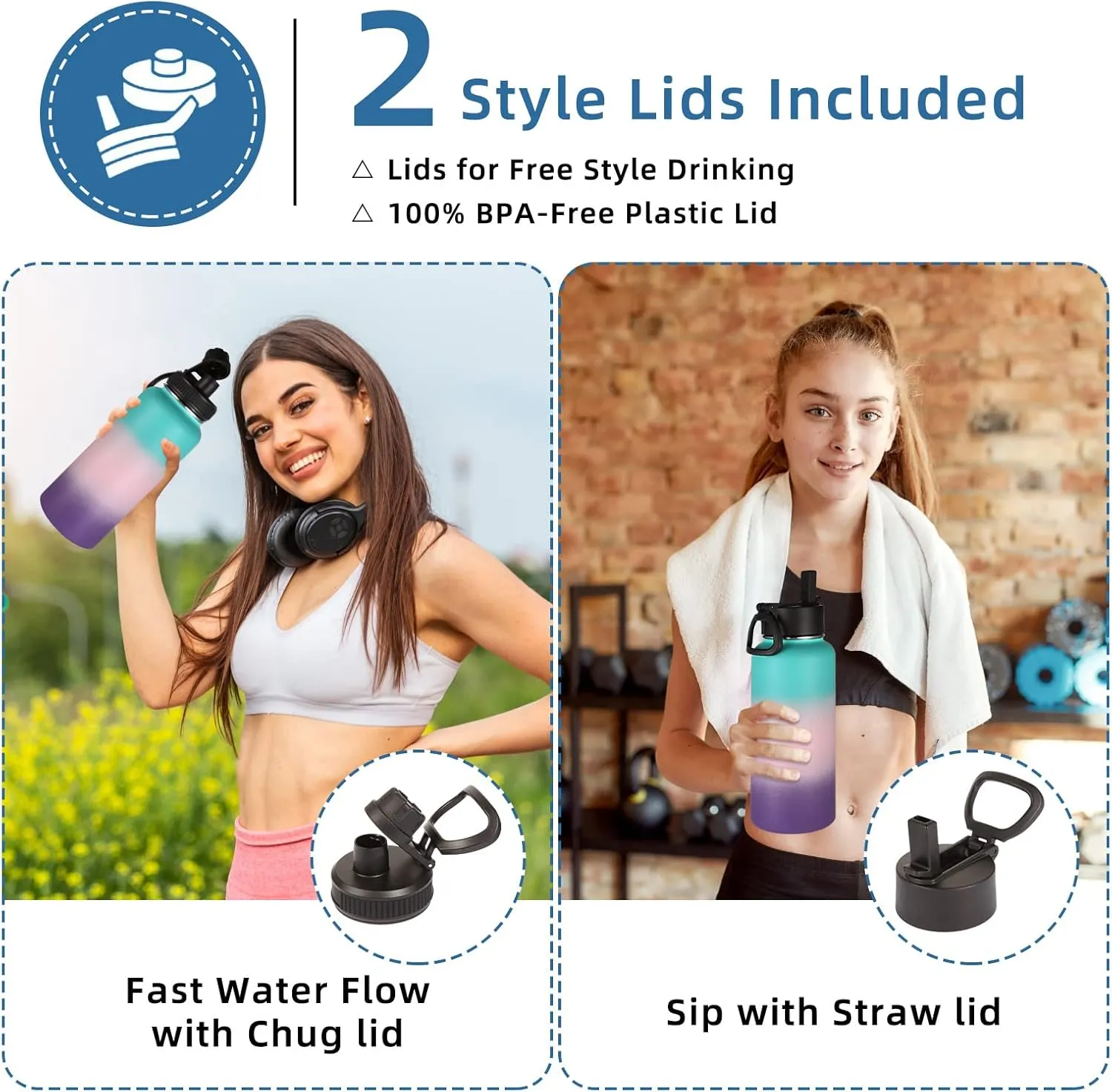 Volhoply 32oz Insulated Water Bottles Bulk 4 Pack with Straw Lid&Spout Lid,Stainless Steel Sports Water Bottle,Double Wall Vacuum Cups,Leakproof Wide Mouth Metal Flask for Travel(Gradient Color,4)