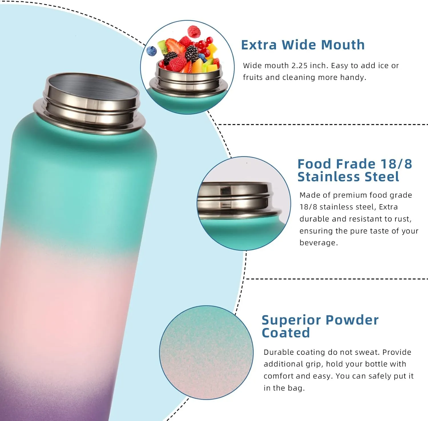 Volhoply 32oz Insulated Water Bottles Bulk 4 Pack with Straw Lid&Spout Lid,Stainless Steel Sports Water Bottle,Double Wall Vacuum Cups,Leakproof Wide Mouth Metal Flask for Travel(Gradient Color,4)