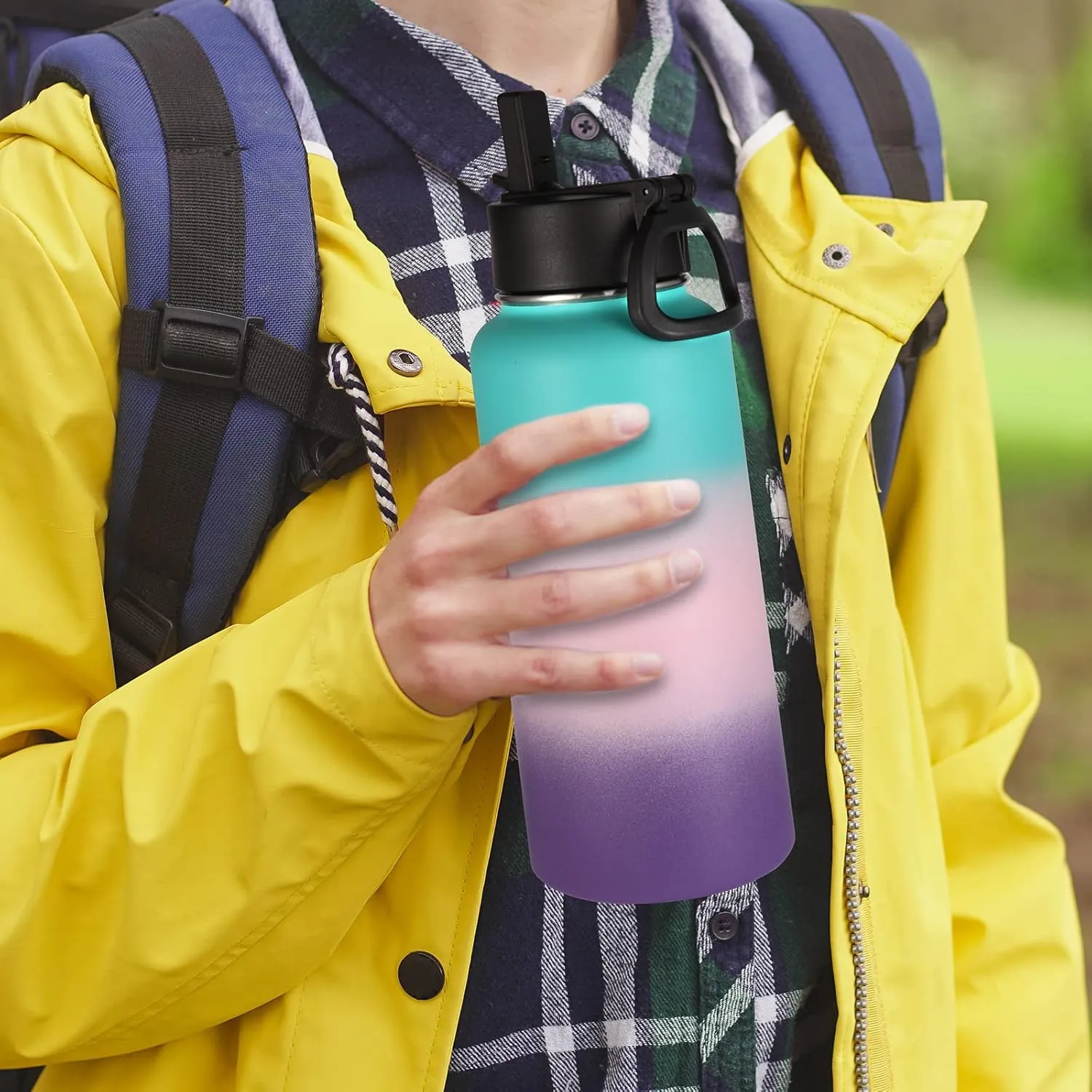 Volhoply 32oz Insulated Water Bottles Bulk 4 Pack with Straw Lid&Spout Lid,Stainless Steel Sports Water Bottle,Double Wall Vacuum Cups,Leakproof Wide Mouth Metal Flask for Travel(Gradient Color,4)