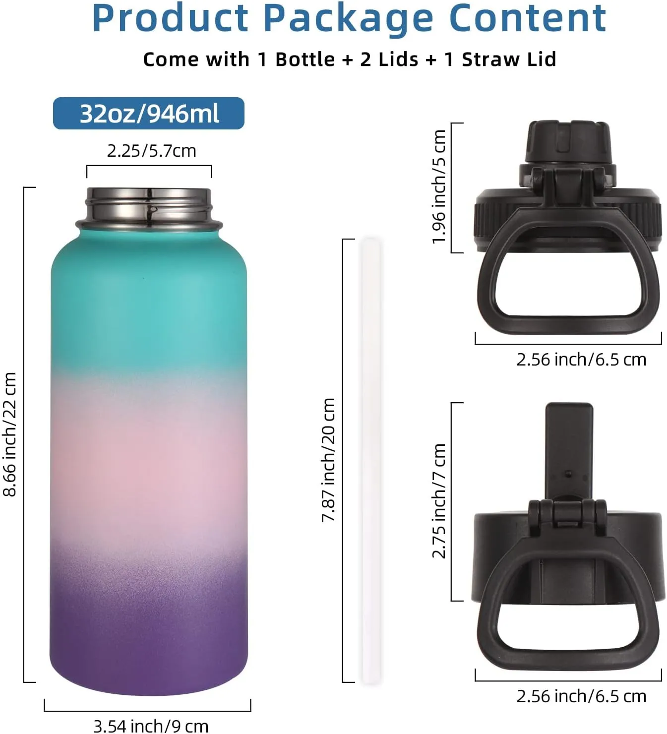 Volhoply 32oz Insulated Water Bottles Bulk 4 Pack with Straw Lid&Spout Lid,Stainless Steel Sports Water Bottle,Double Wall Vacuum Cups,Leakproof Wide Mouth Metal Flask for Travel(Gradient Color,4)