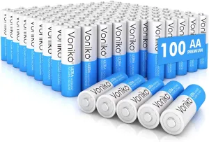 Voniko - Premium Grade AA Batteries - (100 Pack) - Alkaline Double A Battery - Ultra Long-Lasting, Leakproof 1.5v Batteries - 10-Year Shelf Life