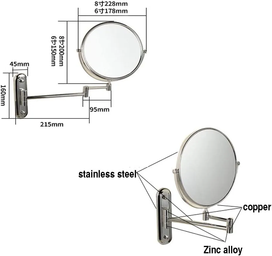 Wall Mounted Makeup Mirror, 3X Magnification Round Shape Two-Sided 360° Swivel Adjustable Height Extendable Bathroom Cosmetic Vanity Mirror Chrome Finish,6inches(6inches)