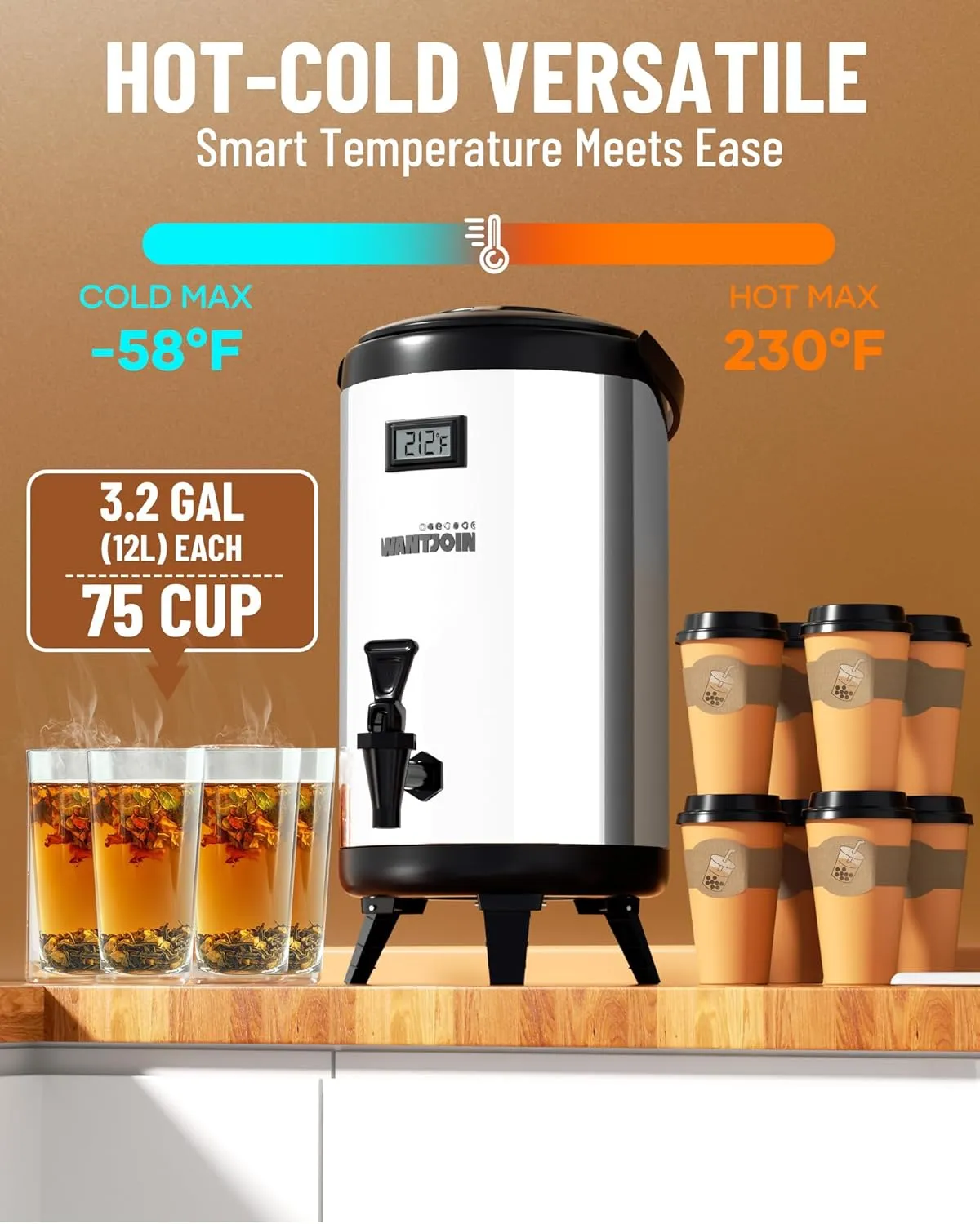 WantJoin 2 Pack Insulated Beverage Dispenser-75 Cup Hot&Cold water Urn for Catering-Stainless Steel Premium 12 L/3.2 Gallon Hot Drink Dispenser with Spigot for Coffee & Hot tea,Cold Milk,Water,Juice