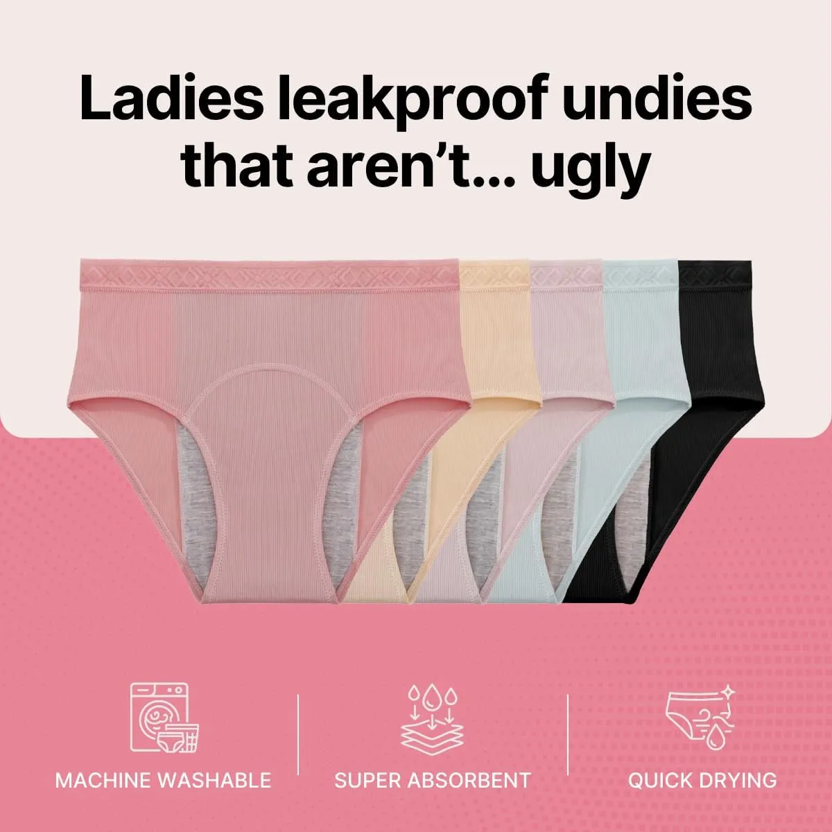 Washable & Reusable Incontinence Underwear for Women Over 60 - Leakproof, Discreet, Absorbent, Machine-Washable Panties (Hipster, M, Pack of 5)