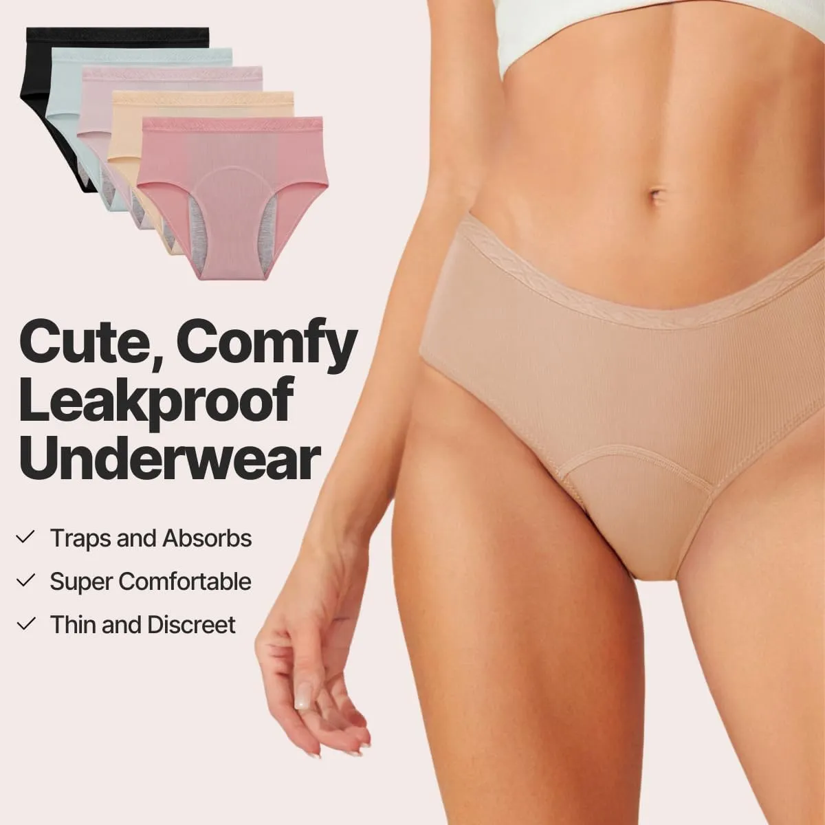 Washable & Reusable Incontinence Underwear for Women Over 60 - Leakproof, Discreet, Absorbent, Machine-Washable Panties (Hipster, M, Pack of 5)