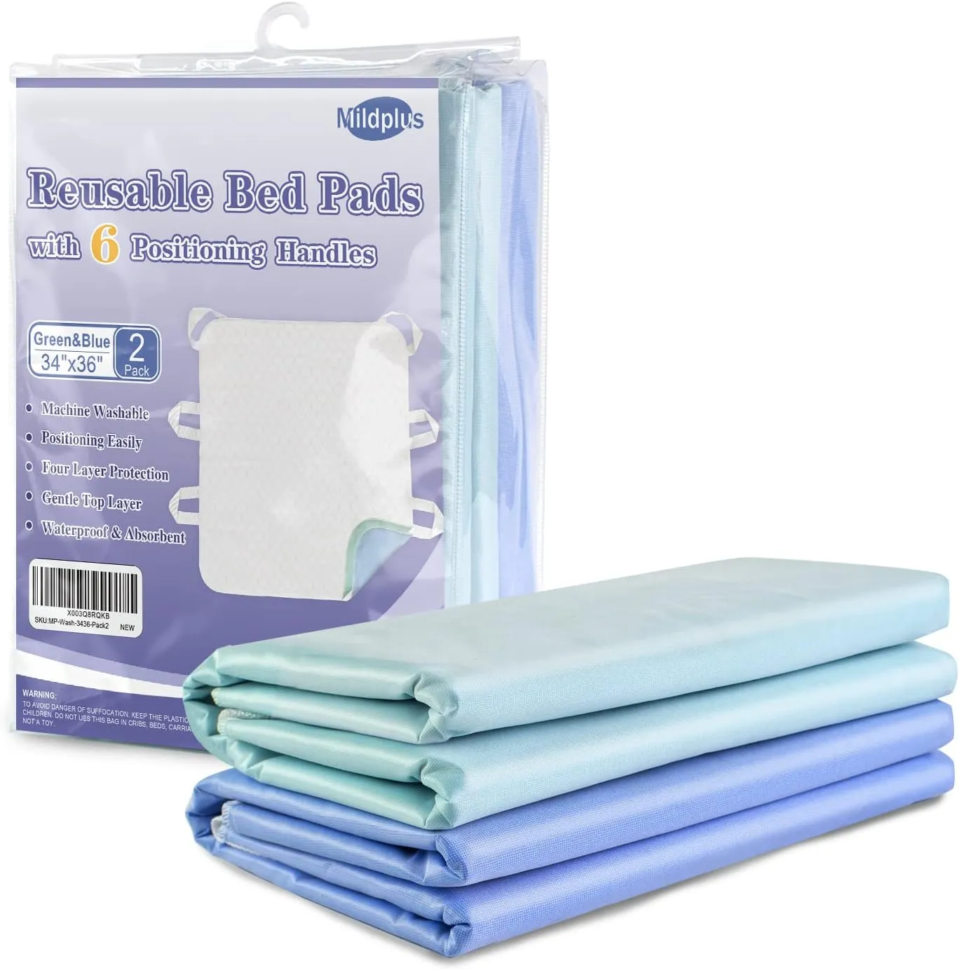 Washable Bed Pads with 6 Sturdy Handles 34”×36” Extra Large Reusable Underpads 4-Layers Leakproof Chucks Pads Washable for Incontinence (2 Pack)