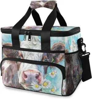 Watercolor Cows Farm Daisy Cooler Bag Insulated Cooler Soft Sided Cooler 24 Can Portable Picnic Bag Large Leakproof Lunch Bag Box for Beach Grocery Camping Travel Car Men Women