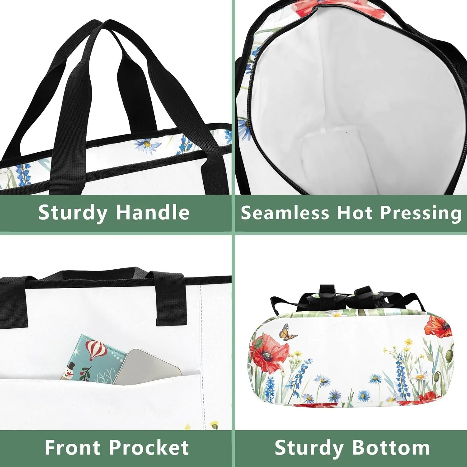 Watercolor Wildflowers Butterflies Cooler Bag 36 Cans Soft Side Coolers Insulated Leakproof Shopping Tote for Groceries