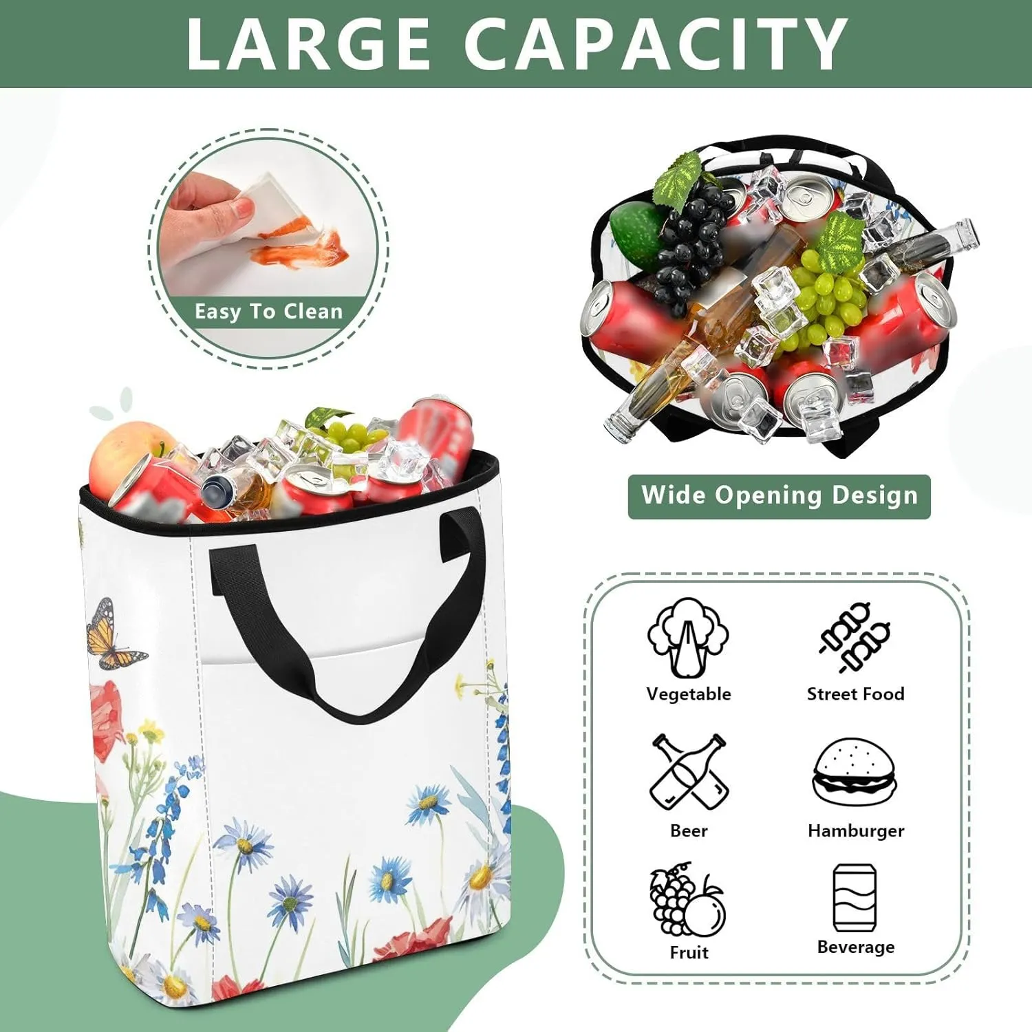 Watercolor Wildflowers Butterflies Cooler Bag 36 Cans Soft Side Coolers Insulated Leakproof Shopping Tote for Groceries