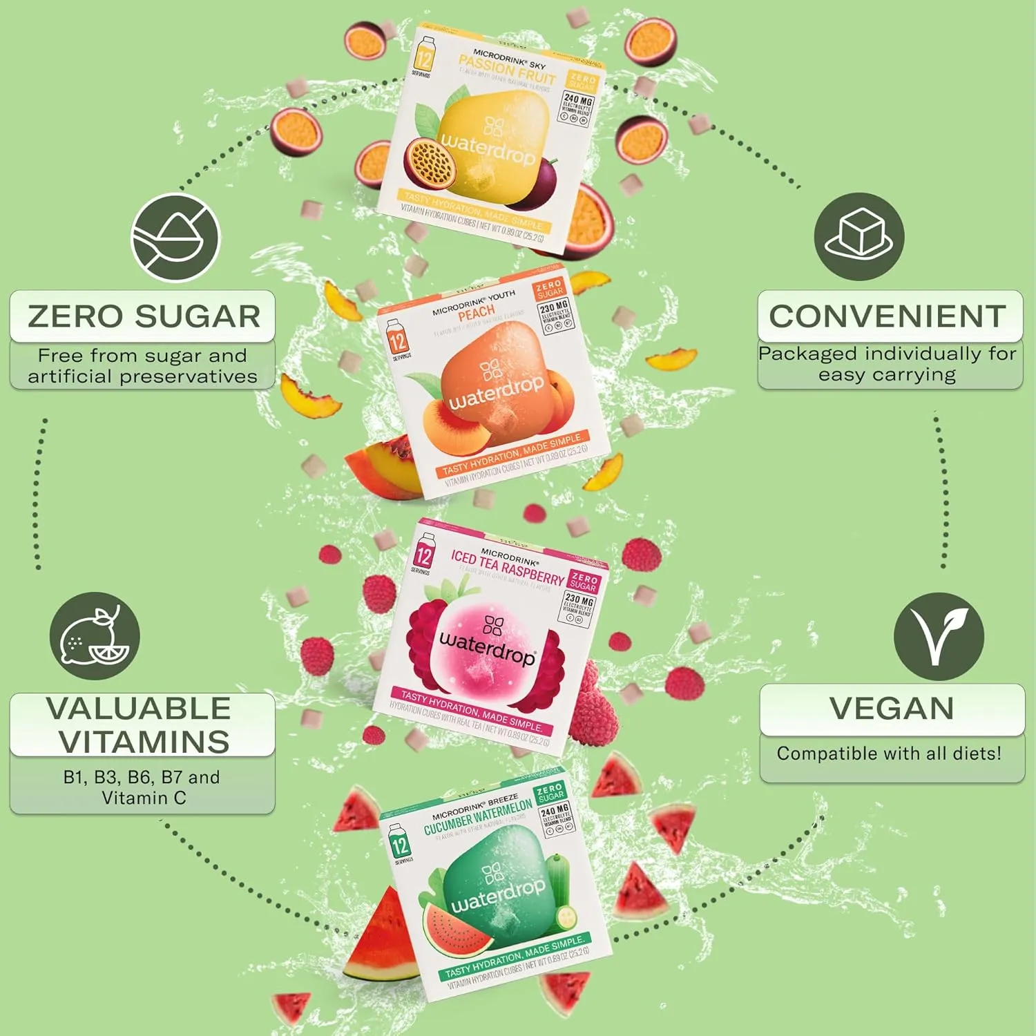 Waterdrop Hydration Cubes, 4 Flavor Variety Pack, Vitamin C, E, B1, B3, B6, B7 & Electrolyte Drops for Still & Sparkling Water, On The Go, Low Calorie, Zero Sugar, Gluten Free, Non GMO, Vegan, 48 CT