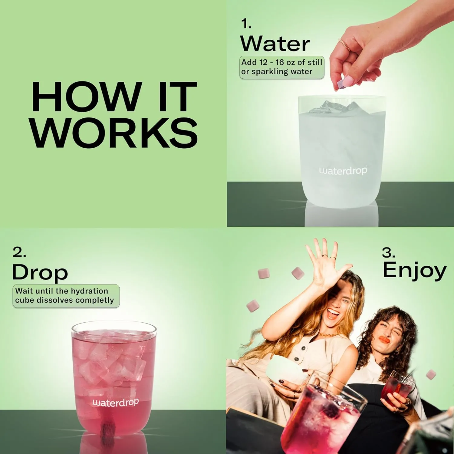 Waterdrop Hydration Cubes, 4 Flavor Variety Pack, Vitamin C, E, B1, B3, B6, B7 & Electrolyte Drops for Still & Sparkling Water, On The Go, Low Calorie, Zero Sugar, Gluten Free, Non GMO, Vegan, 48 CT