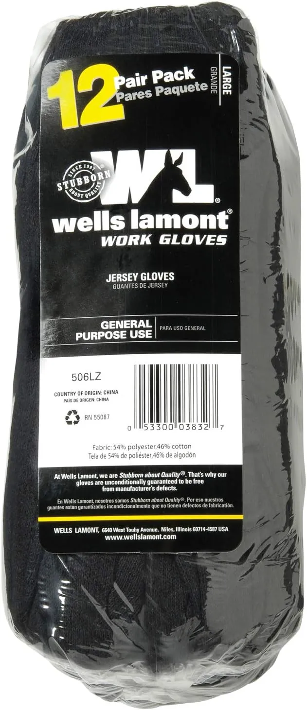 Wells Lamont Versatile Work Gloves | Lightweight, Durable, Comfortable Jersey | Basic, Large (506LZ) , Black, 12-Pair Bulk Pack