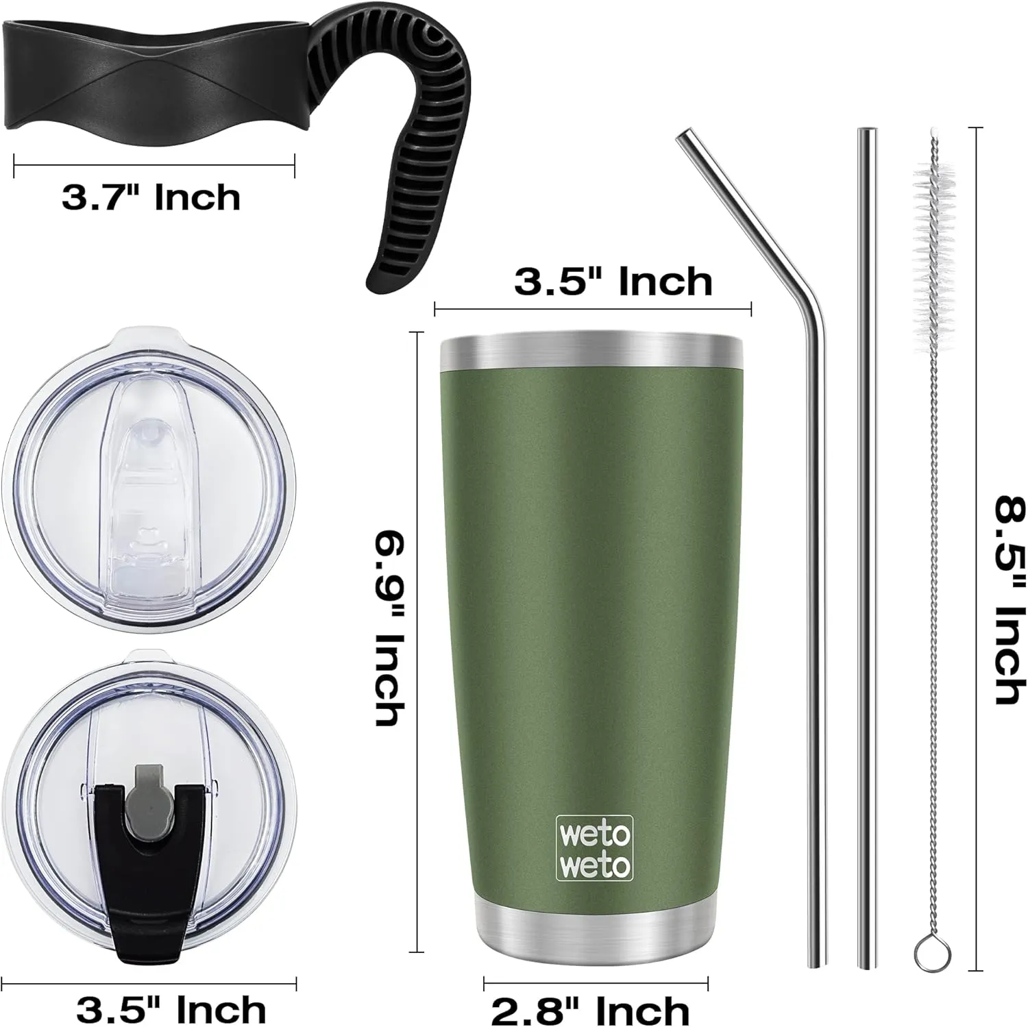 WETOWETO 20oz Insulated Stainless Steel Tumbler, Coffee Tumbler with 2 Lids and 2 Straws, Double Wall Vacuum Travel Coffee Mug, Powder Coated Leak-Proof Cup for Travel (Army Green, 1 Pack)