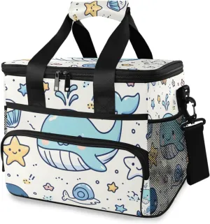 Whales Cartoon Stars Seashells Cooler Bag Insulated Cooler Soft Sided Cooler 24 Can Portable Picnic Bag Large Leakproof Lunch Bag Box for Beach Grocery Camping Travel Car Men Women